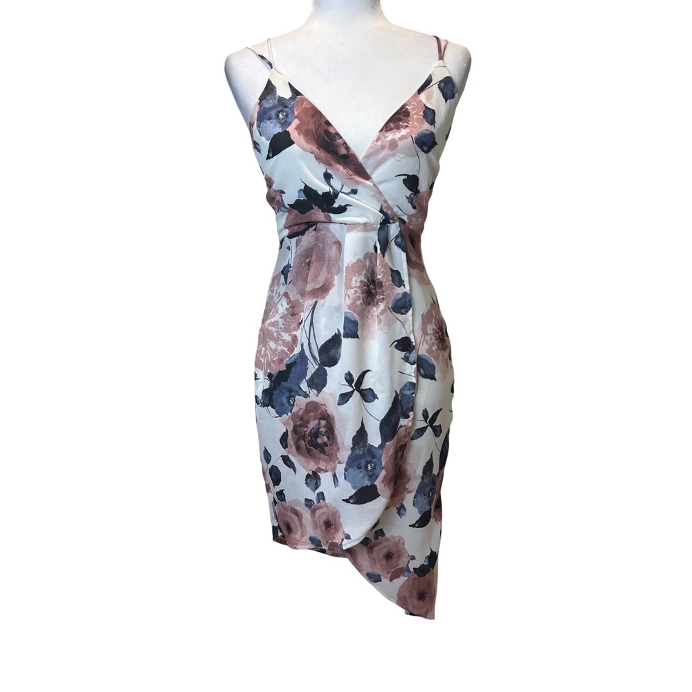 Lush Floral Print Dress Sleeveless Strappy Party Cocktail Wrap Asymmetrical Sz S